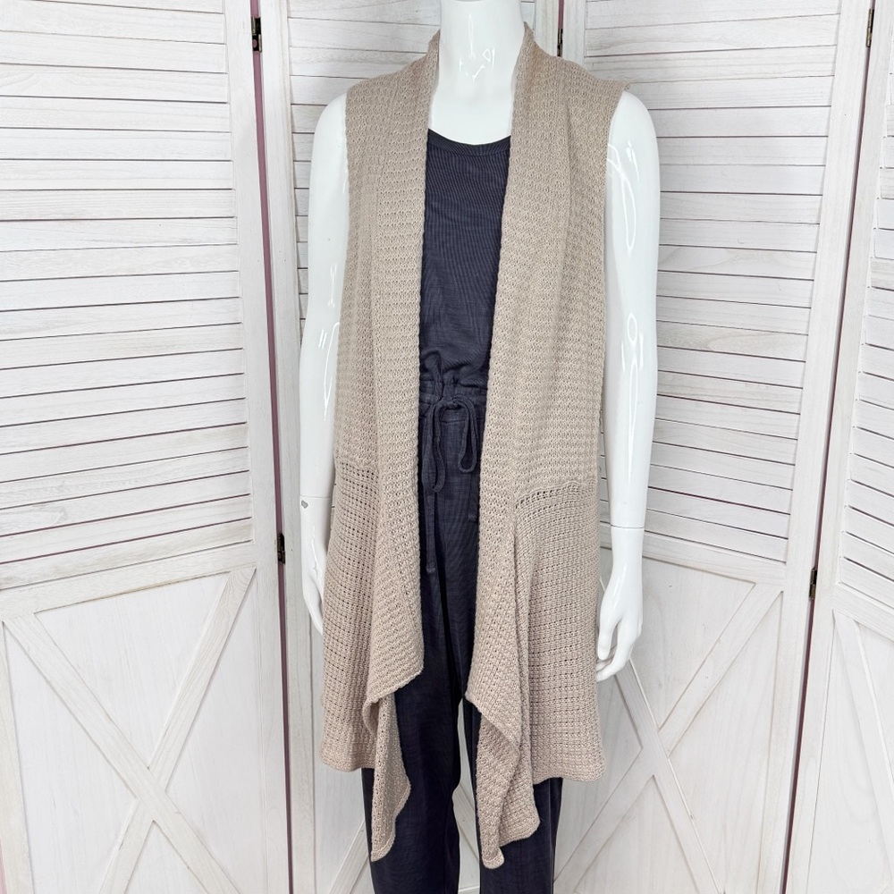 RXB Boho Open‎ Waterfall Long Cardigan Sweater Vest Tan Large Cotton